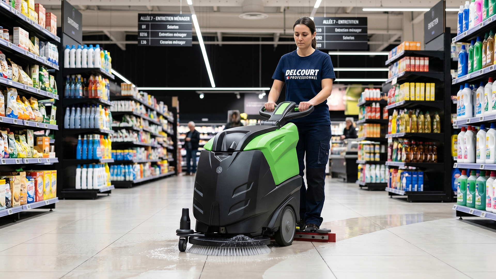 Autolaveuse professionnelle en situation dans surface commerciale